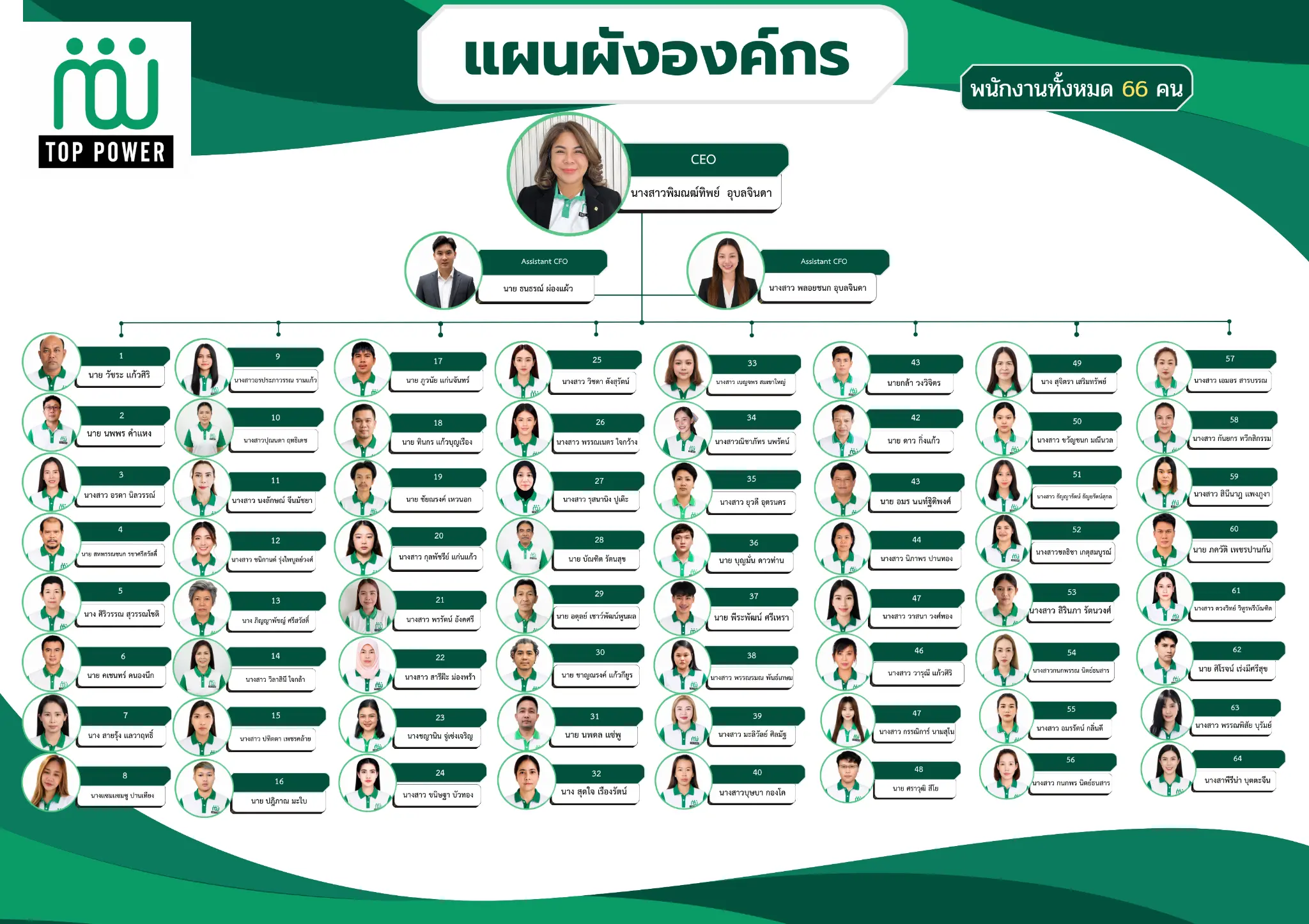 แผนผังองค์กร TOP POWER แสดงผู้บริหารและบุคลากรทั้งหมด 66 คน